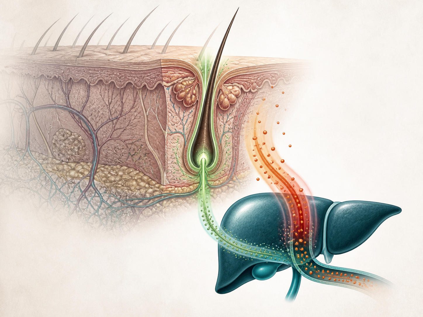 The proposed pathway, mapped from the follicle upstream.